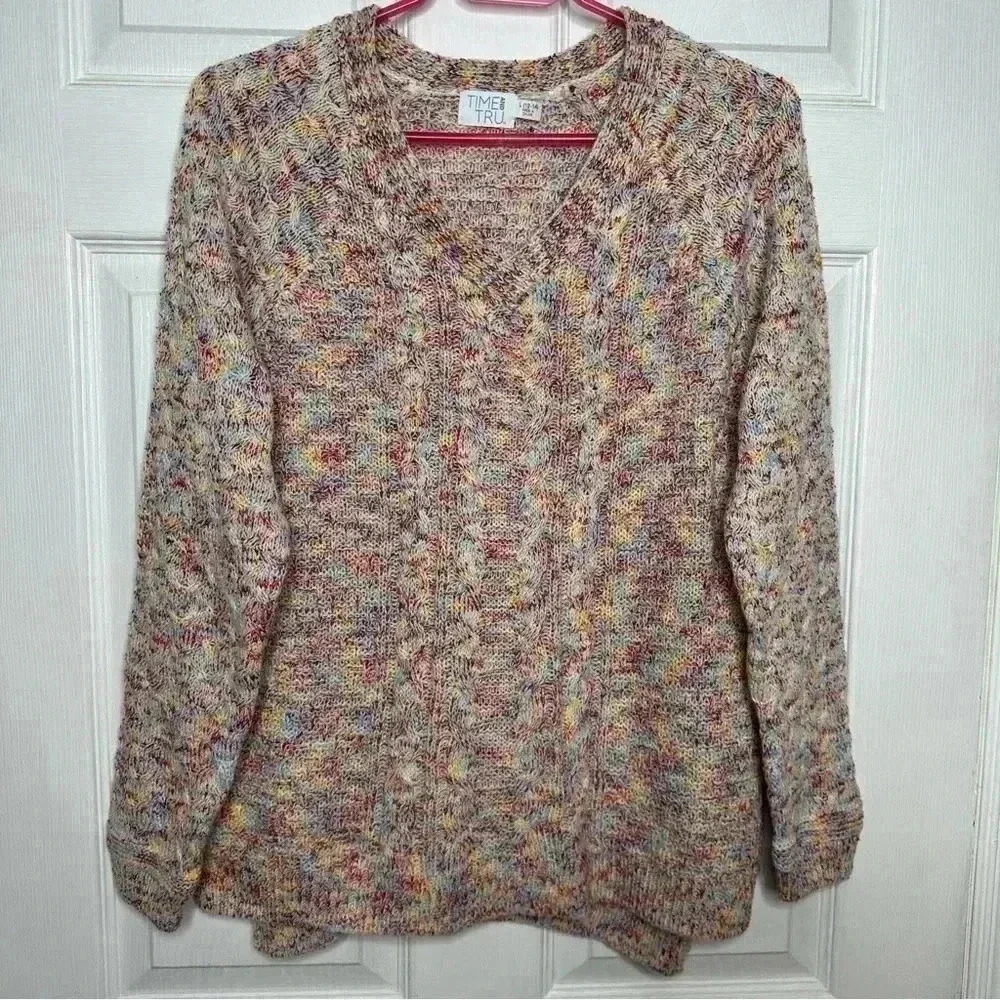 Time And True Cable  Knit Sweater V-Neck White/Multicoloured Size Large